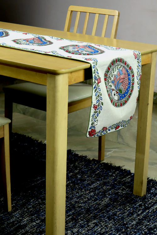 Diorama Designs Chanderi Silk Handpainted "Neelkanth Madhubani" Table Runner - Image 2