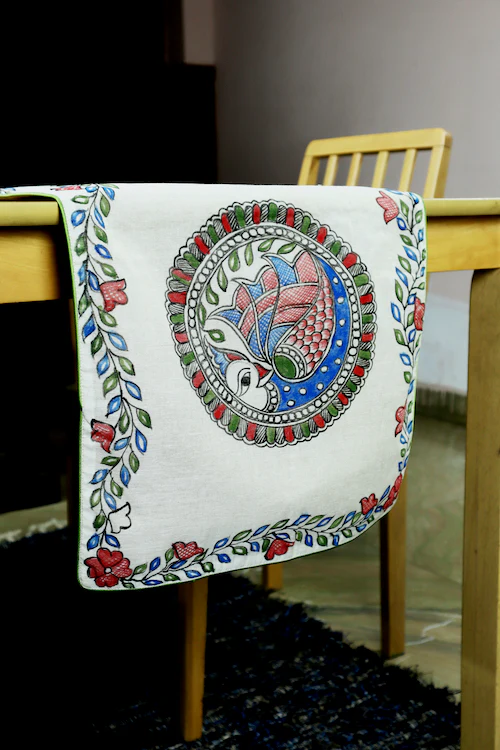 Diorama Designs Chanderi Silk Handpainted "Neelkanth Madhubani" Table Runner - Image 3