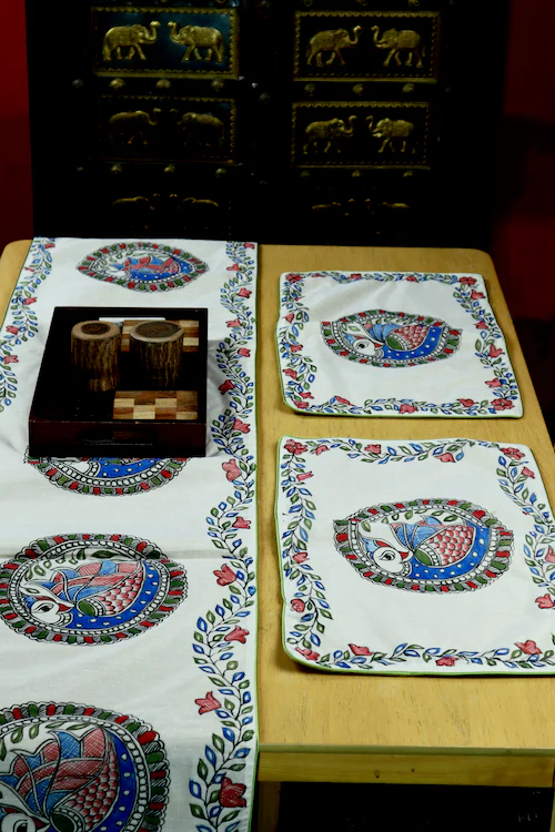 Diorama Designs Chanderi Silk Handpainted "Neelkanth Madhubani" Table Runner - Image 4
