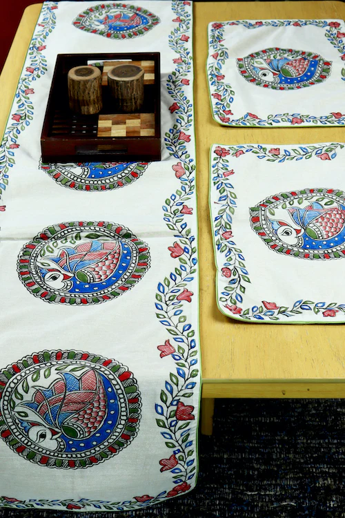 Diorama Designs Chanderi Silk Handpainted "Neelkanth Madhubani" Table Runner - Image 5