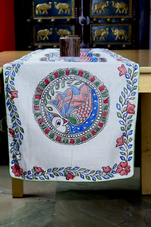 Diorama Designs Chanderi Silk Handpainted "Neelkanth Madhubani" Table Runner - Image 6