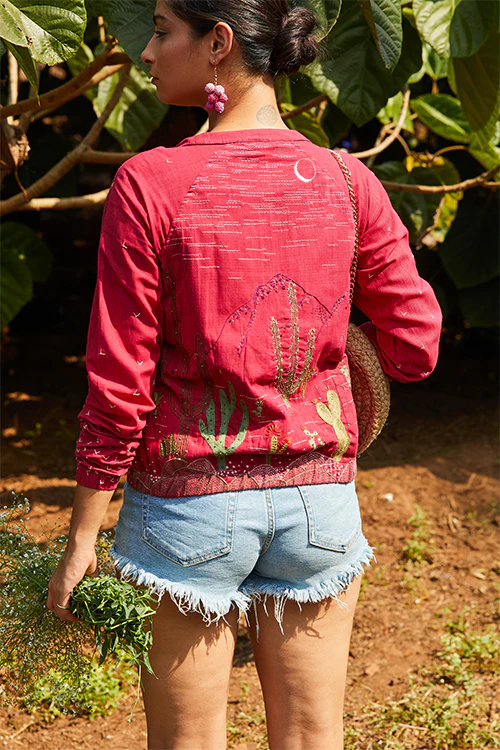Okhai 'Cherry Me' Hand Embroidery Pure Cotton Bomber Jacket - Image 2