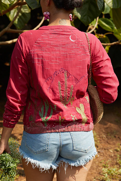 Okhai 'Cherry Me' Hand Embroidery Pure Cotton Bomber Jacket - Image 6