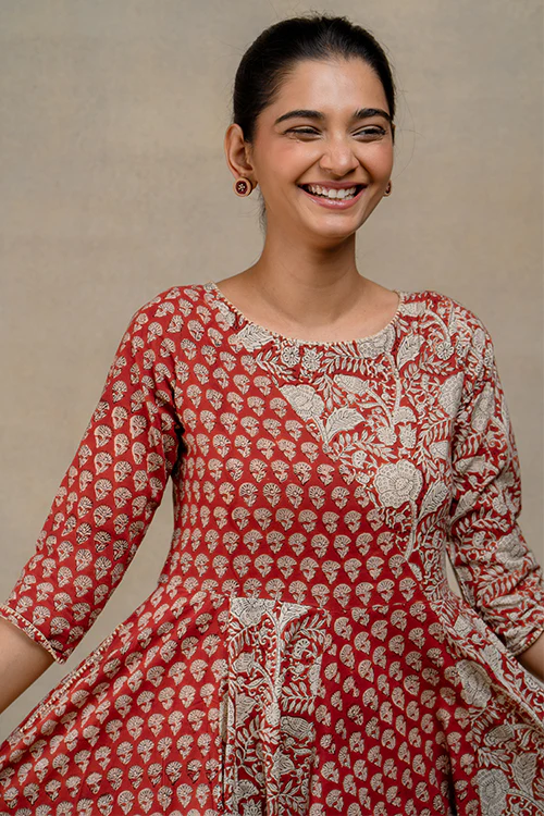 Okhai "Chestnut Charm" Handblock Printed Pure Cotton Flared Dress - Image 3