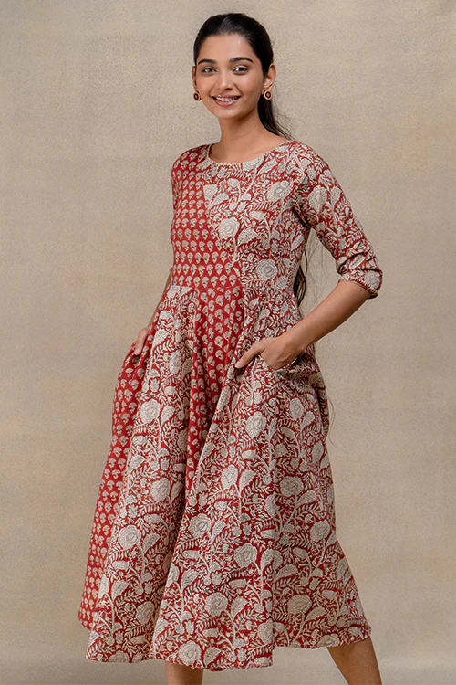 Okhai "Chestnut Charm" Handblock Printed Pure Cotton Flared Dress - Image 4