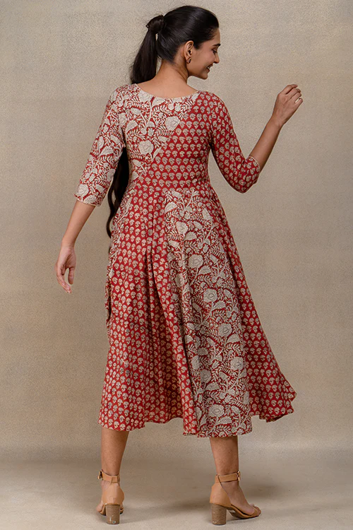 Okhai "Chestnut Charm" Handblock Printed Pure Cotton Flared Dress - Image 5