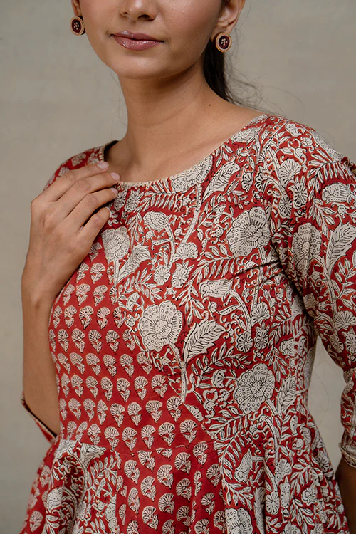 Okhai "Chestnut Charm" Handblock Printed Pure Cotton Flared Dress - Image 6