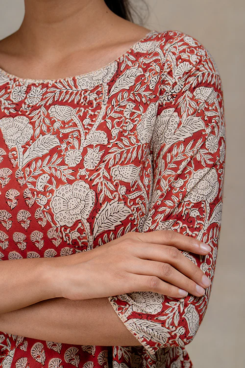 Okhai "Chestnut Charm" Handblock Printed Pure Cotton Flared Dress - Image 7
