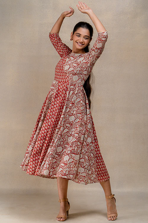 Okhai "Chestnut Charm" Handblock Printed Pure Cotton Flared Dress - Image 9