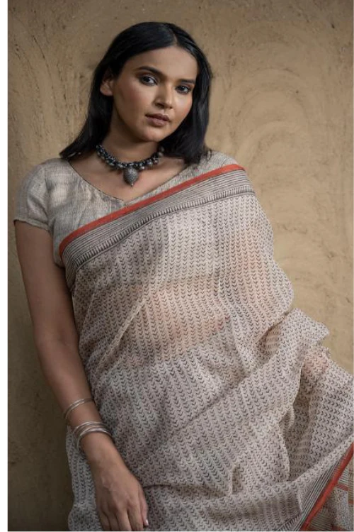 Classic Appeal. Bagru Hand Block Printed Kota Doria Saree - Beige Elegance