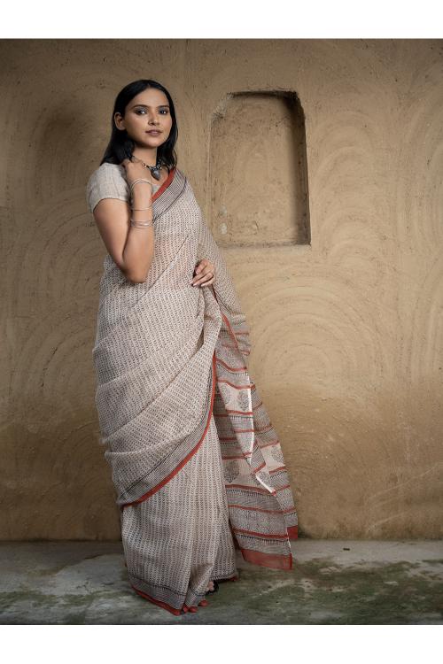 Classic Appeal. Bagru Hand Block Printed Kota Doria Saree - Beige Elegance - Image 9