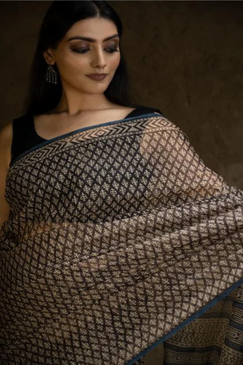 TICH Classic Appeal. Bagru Hand Block Printed Kota Doria Saree - Black Florets