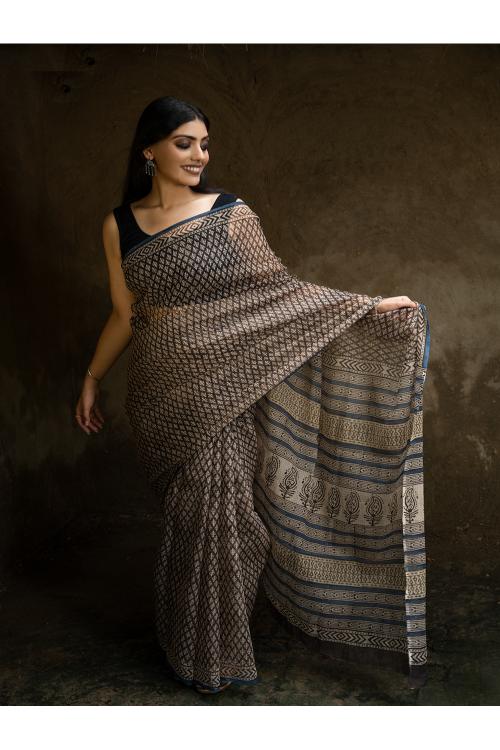 TICH Classic Appeal. Bagru Hand Block Printed Kota Doria Saree - Black Florets - Image 2