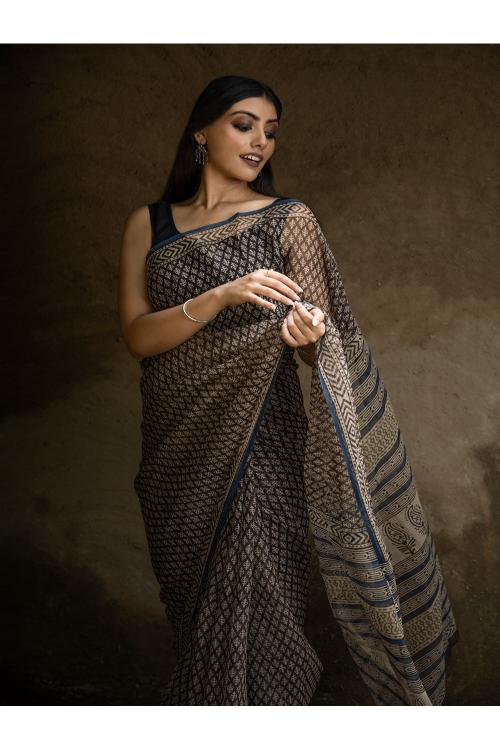 TICH Classic Appeal. Bagru Hand Block Printed Kota Doria Saree - Black Florets - Image 4