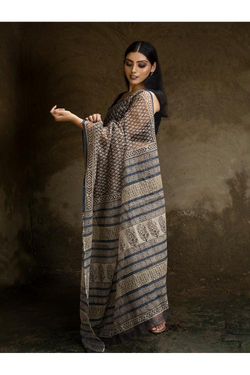 TICH Classic Appeal. Bagru Hand Block Printed Kota Doria Saree - Black Florets - Image 5