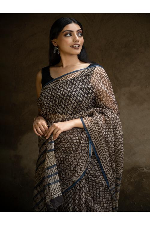 TICH Classic Appeal. Bagru Hand Block Printed Kota Doria Saree - Black Florets - Image 7
