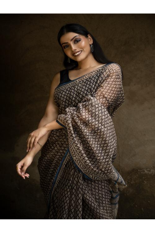 TICH Classic Appeal. Bagru Hand Block Printed Kota Doria Saree - Black Florets - Image 9