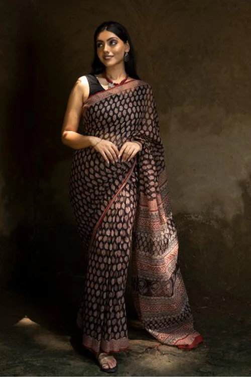 Classic Appeal. Bagru Hand Block Printed Kota Doria Saree - Black Ornate