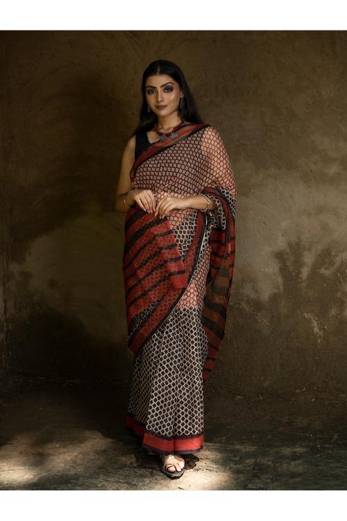TICH Classic Appeal. Bagru Hand Block Printed Kota Doria Saree - Honeycomb - Image 10