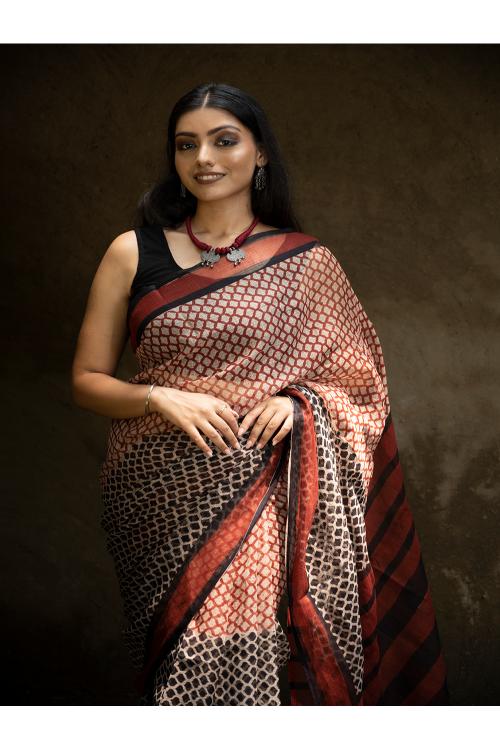 TICH Classic Appeal. Bagru Hand Block Printed Kota Doria Saree - Honeycomb - Image 8