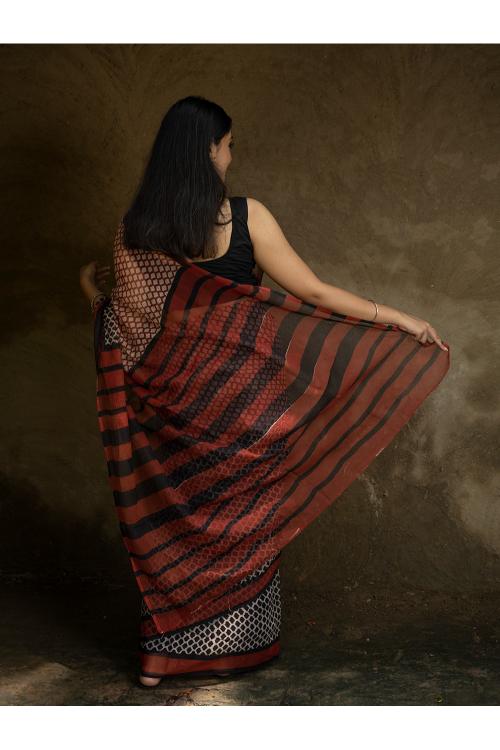TICH Classic Appeal. Bagru Hand Block Printed Kota Doria Saree - Honeycomb - Image 9