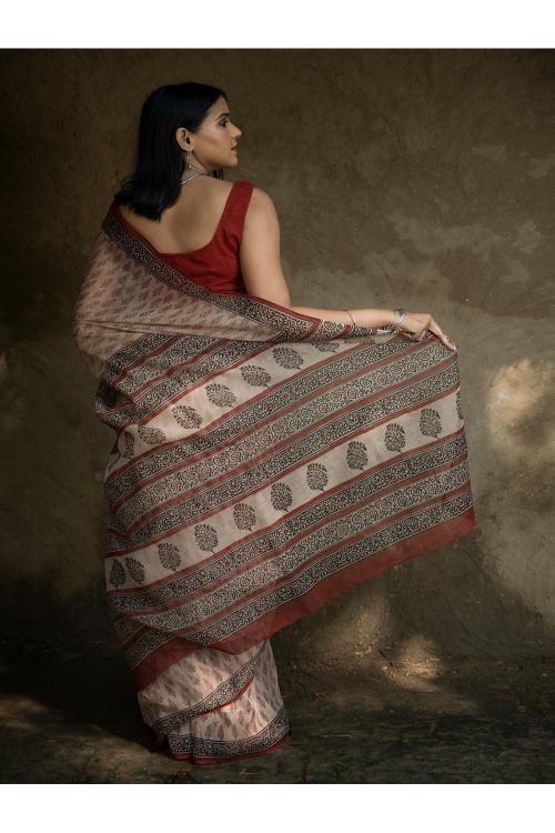 TICH Classic Appeal. Bagru Hand Block Printed Kota Doria Saree - Red Leaf - Image 3