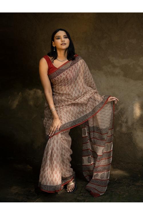 TICH Classic Appeal. Bagru Hand Block Printed Kota Doria Saree - Red Leaf - Image 4