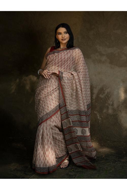 TICH Classic Appeal. Bagru Hand Block Printed Kota Doria Saree - Red Leaf - Image 5