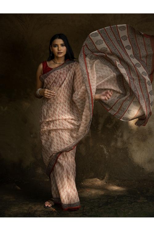 TICH Classic Appeal. Bagru Hand Block Printed Kota Doria Saree - Red Leaf - Image 6