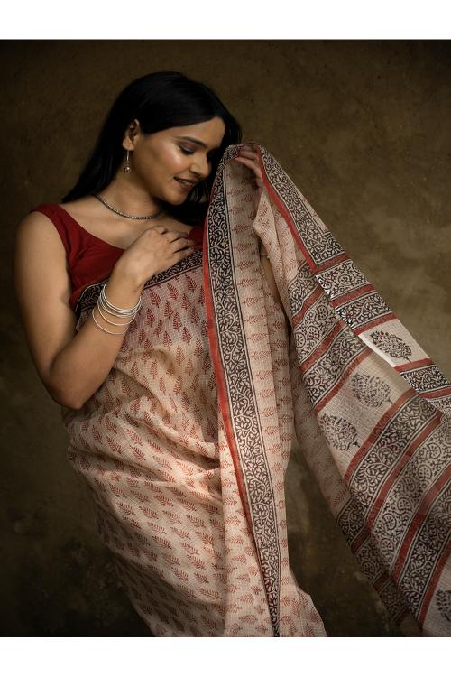 TICH Classic Appeal. Bagru Hand Block Printed Kota Doria Saree - Red Leaf - Image 8
