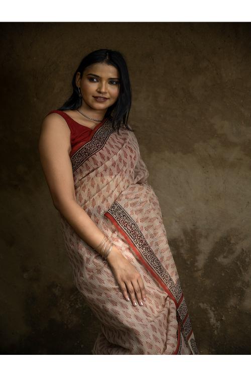 TICH Classic Appeal. Bagru Hand Block Printed Kota Doria Saree - Red Leaf - Image 9