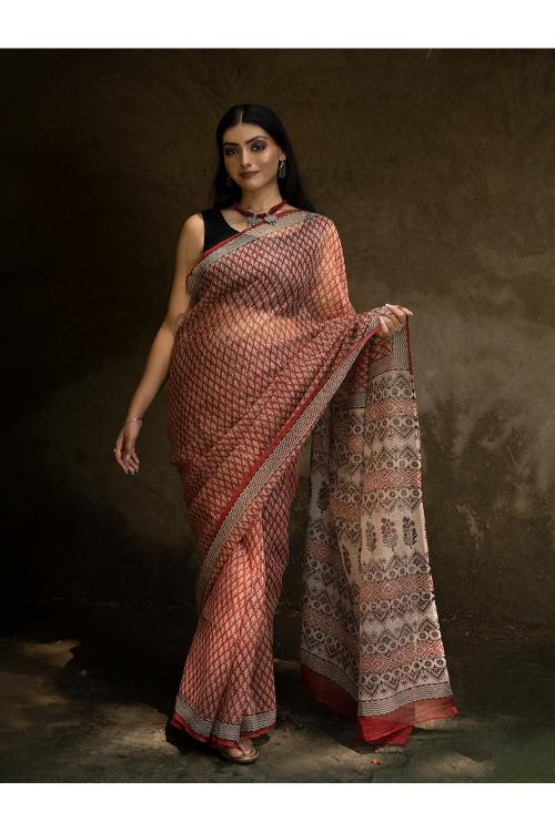 TICH Classic Appeal. Bagru Hand Block Printed Kota Doria Saree - Red Ornate - Image 10