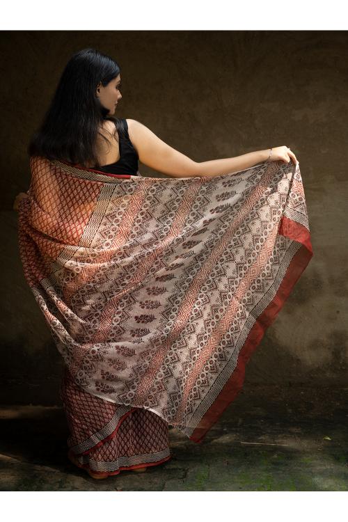 TICH Classic Appeal. Bagru Hand Block Printed Kota Doria Saree - Red Ornate - Image 2