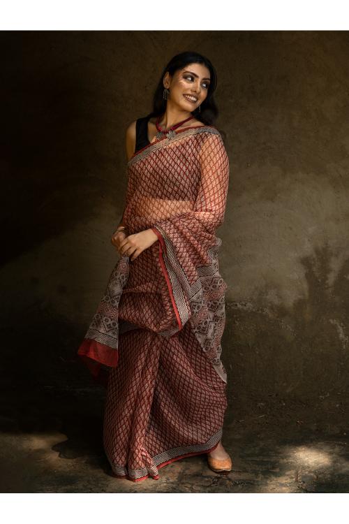 TICH Classic Appeal. Bagru Hand Block Printed Kota Doria Saree - Red Ornate - Image 4