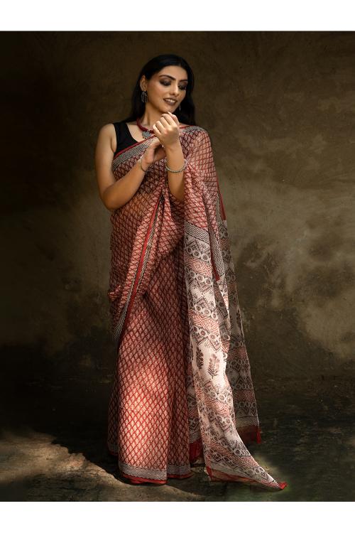 TICH Classic Appeal. Bagru Hand Block Printed Kota Doria Saree - Red Ornate - Image 6
