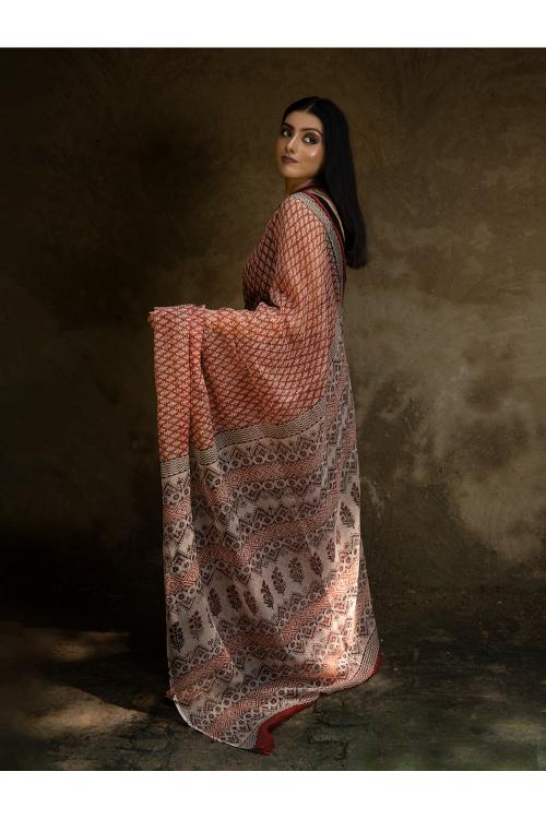 TICH Classic Appeal. Bagru Hand Block Printed Kota Doria Saree - Red Ornate - Image 7
