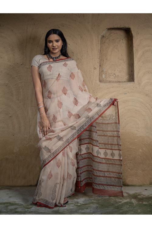 TICH Classic Appeal. Bagru Hand Block Printed Kota Doria Saree - Royal Ornate - Image 2
