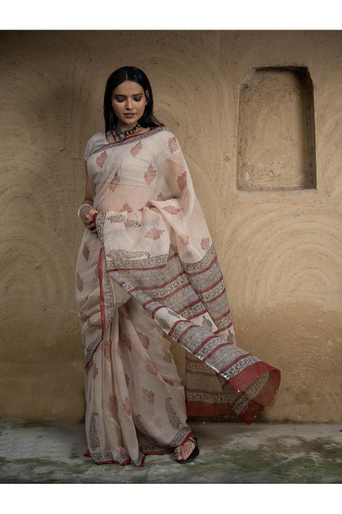TICH Classic Appeal. Bagru Hand Block Printed Kota Doria Saree - Royal Ornate - Image 3