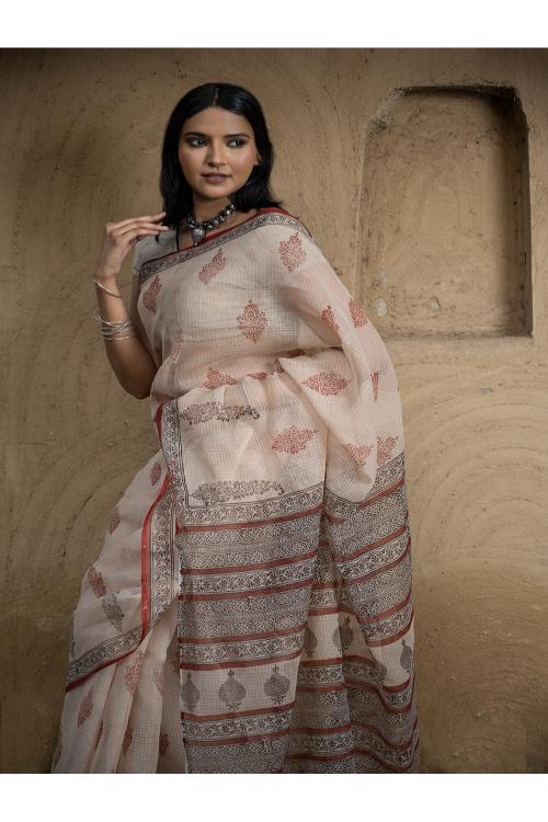 TICH Classic Appeal. Bagru Hand Block Printed Kota Doria Saree - Royal Ornate - Image 4