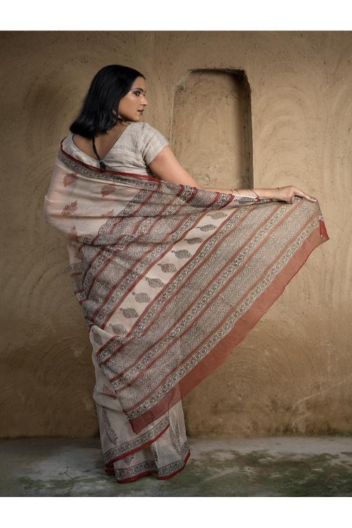 TICH Classic Appeal. Bagru Hand Block Printed Kota Doria Saree - Royal Ornate - Image 5