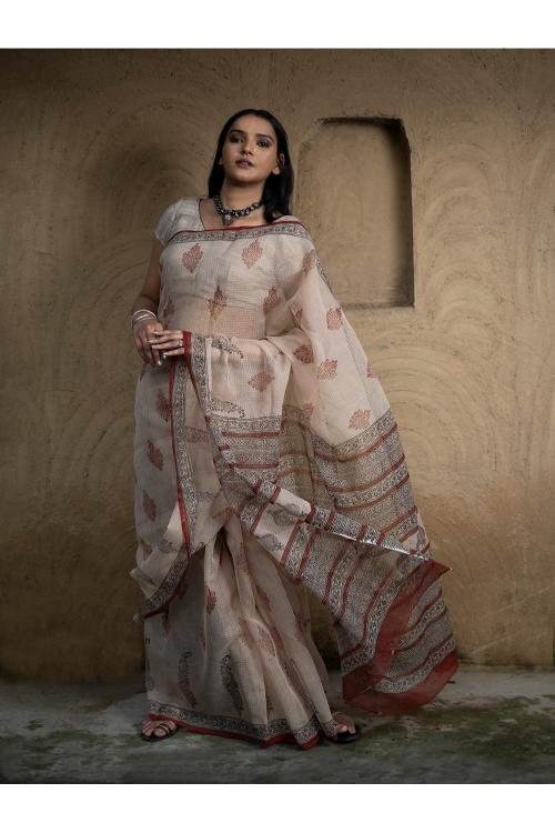 TICH Classic Appeal. Bagru Hand Block Printed Kota Doria Saree - Royal Ornate - Image 6