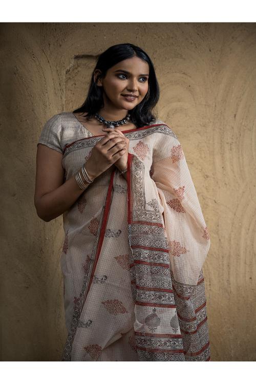TICH Classic Appeal. Bagru Hand Block Printed Kota Doria Saree - Royal Ornate - Image 7