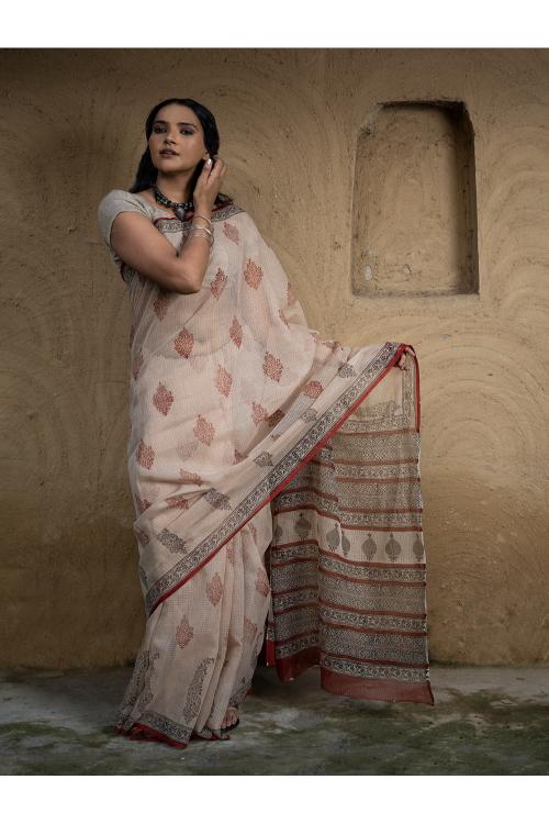 TICH Classic Appeal. Bagru Hand Block Printed Kota Doria Saree - Royal Ornate - Image 8