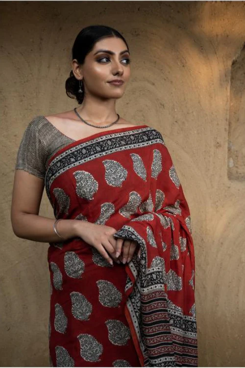 TICH Classic Appeal. Bagru Hand Block Printed Modal Satin Saree - Red Paisleys