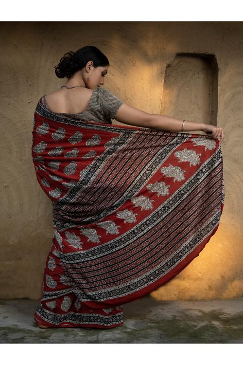 TICH Classic Appeal. Bagru Hand Block Printed Modal Satin Saree - Red Paisleys - Image 6