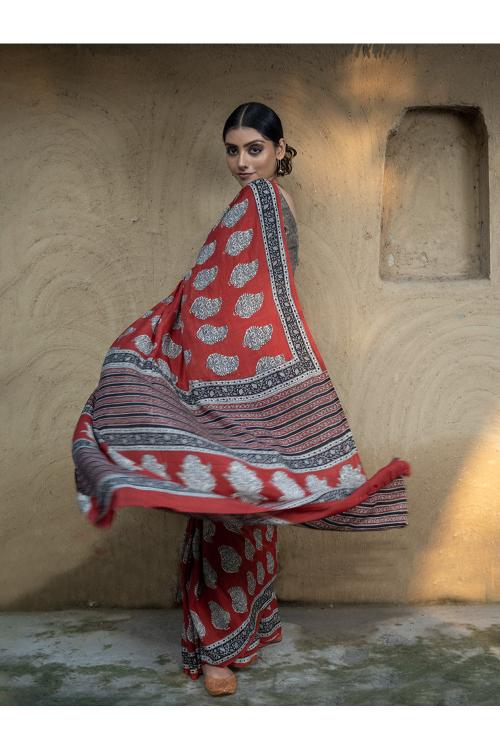 TICH Classic Appeal. Bagru Hand Block Printed Modal Satin Saree - Red Paisleys - Image 8