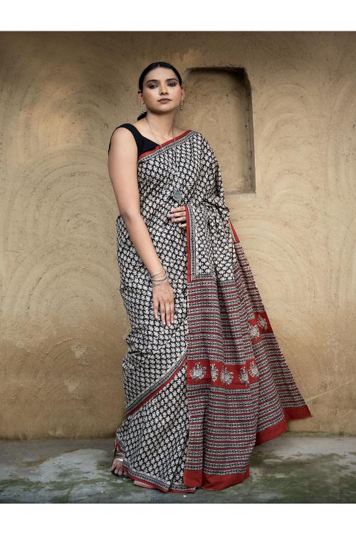 TICH Classic Appeal. Bagru Hand Block Printed Mul Cotton Saree - Black Leaf - Image 2