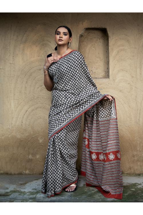 TICH Classic Appeal. Bagru Hand Block Printed Mul Cotton Saree - Black Leaf - Image 6