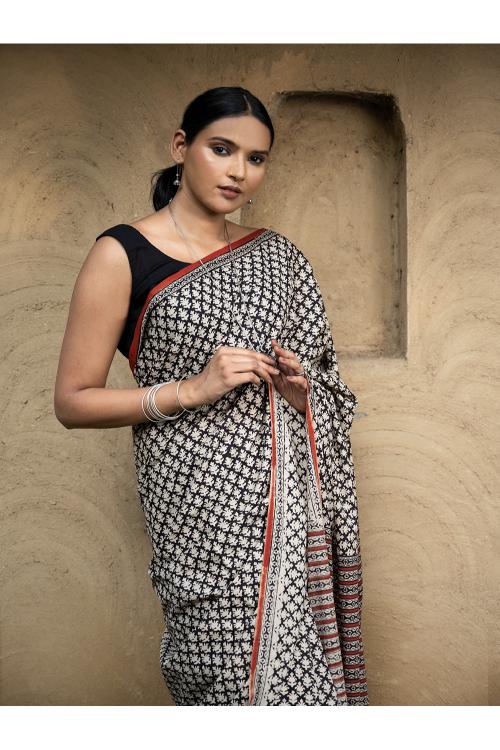 TICH Classic Appeal. Bagru Hand Block Printed Mul Cotton Saree - Black Leaf - Image 8