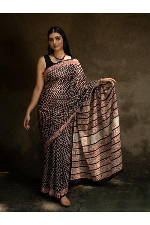 TICH Classic Appeal. Bagru Hand Block Printed Mul Cotton Saree - Black Ornate - Image 2